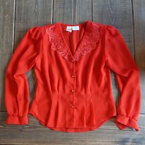 Vintage 80s Blouse Small Red Sheer Lace Collar Button Up Retro Romantic Coquette